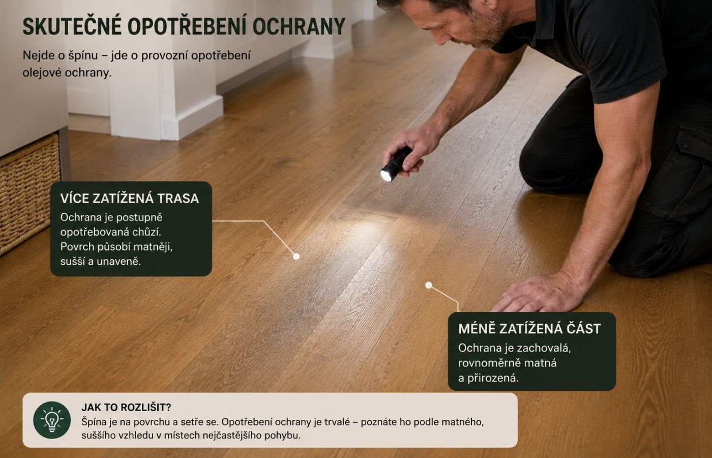 Technik kontroluje provozně opotřebenou trasu na olejované dubové podlaze před obnovou ochrany